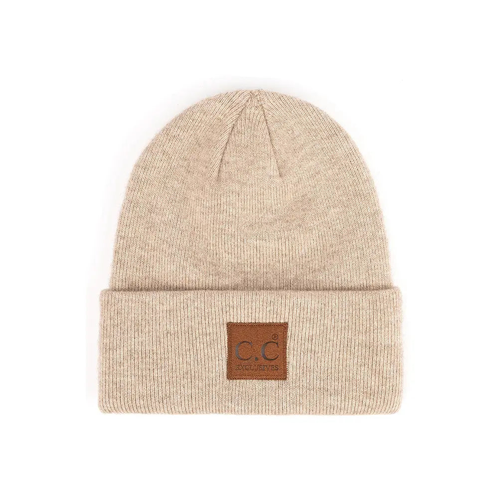 C.C Heather Knit Suede Patch Beanie - Beige