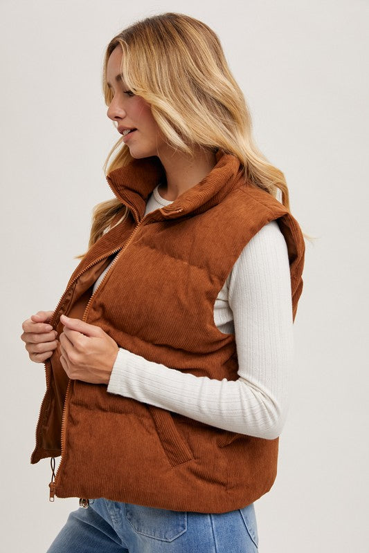 CORDUROY PUFFER VEST - Camel