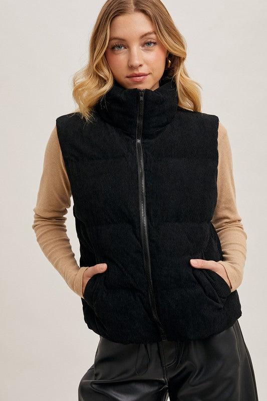 CORDUROY PUFFER VEST - Black