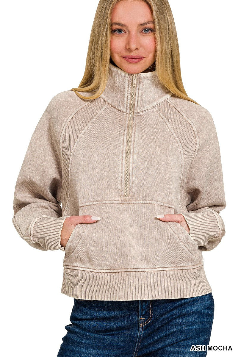 Ash Mocha Acid Washed Half Zip Pullover