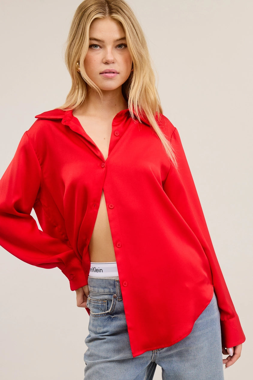 Satin Button-Down Blouse-Red