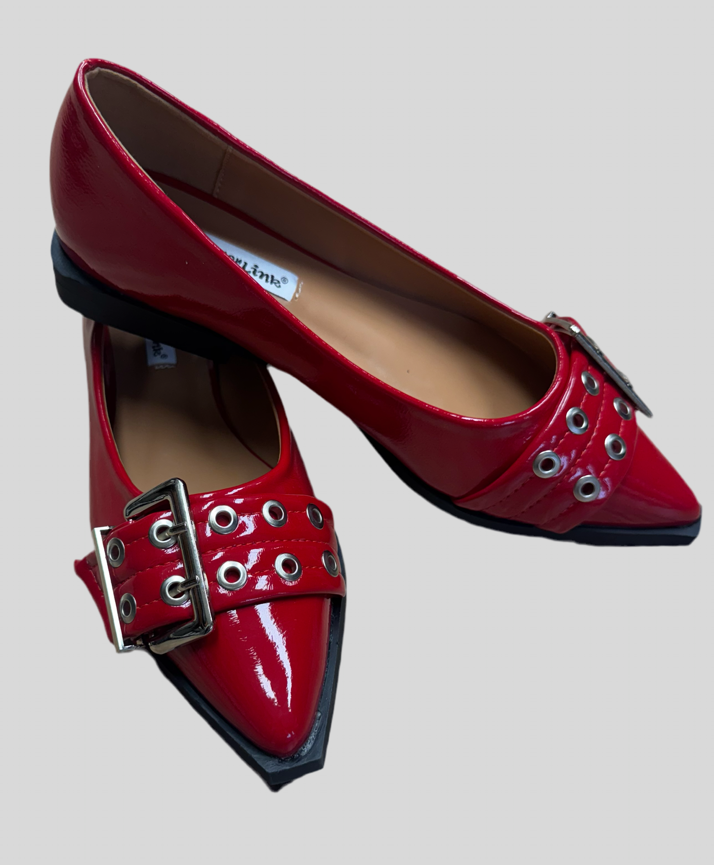 Pointed Toe Buckle Flats - Red