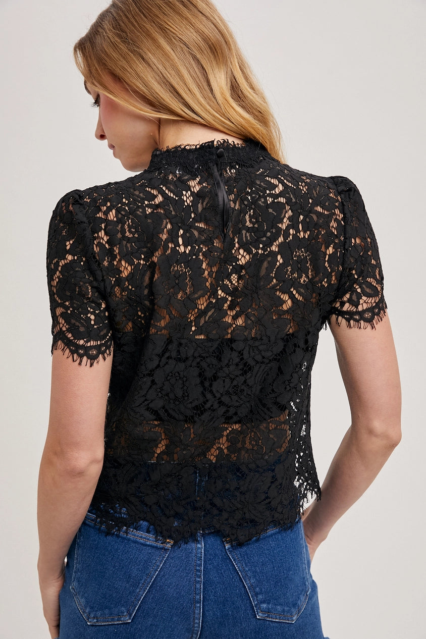 Lace Mock Neck Top-Black