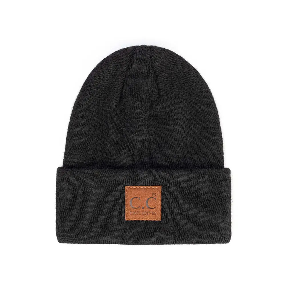 C.C Heather Knit Suede Patch Beanie - Black