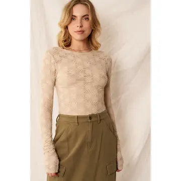 Beige Floral Lace Mesh Top