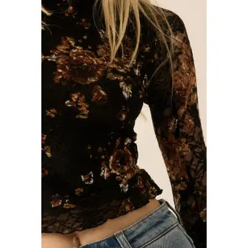 Black Floral Lace Long-Sleeve Top