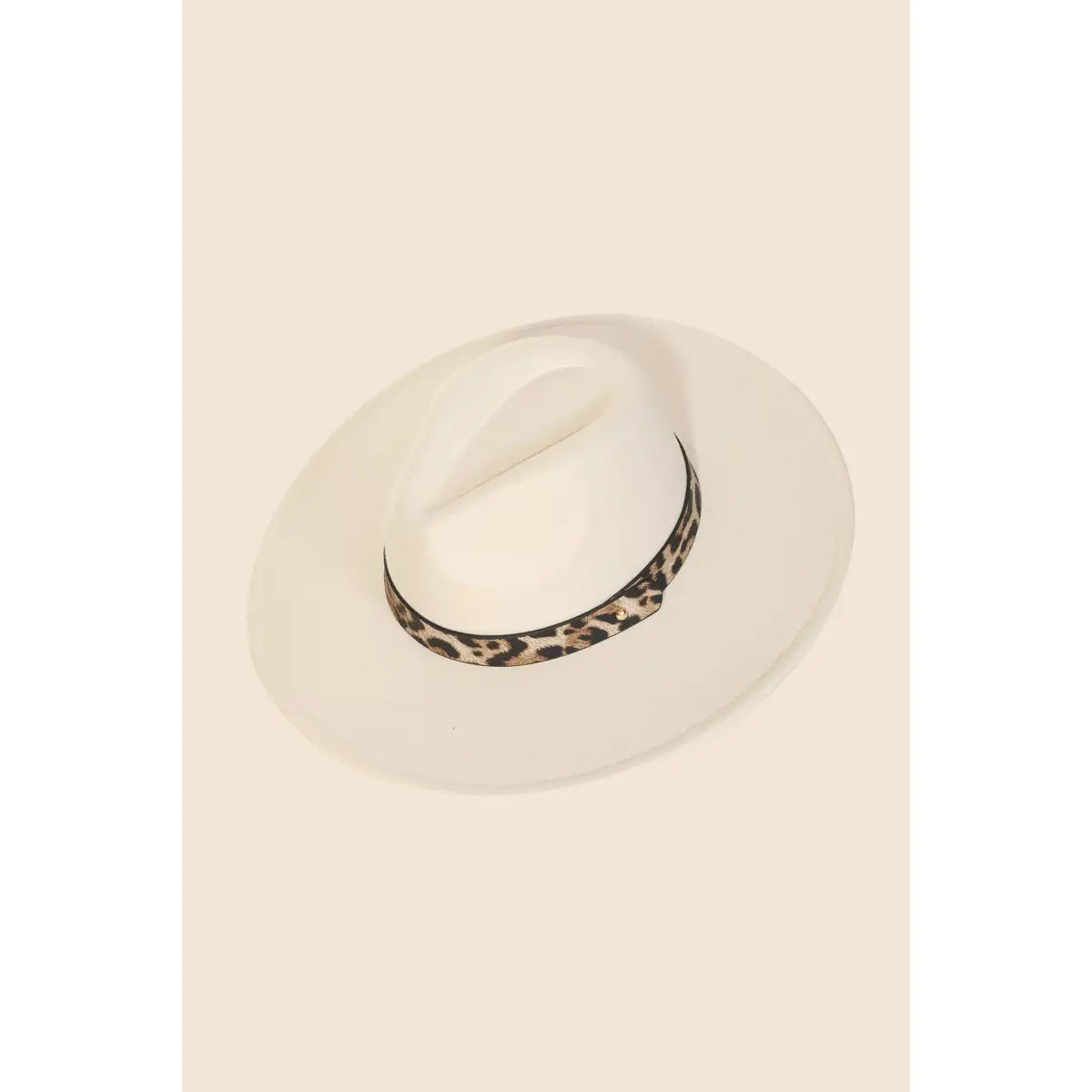 Leopard Strap Flat Brim Fedora Hat-Ivory