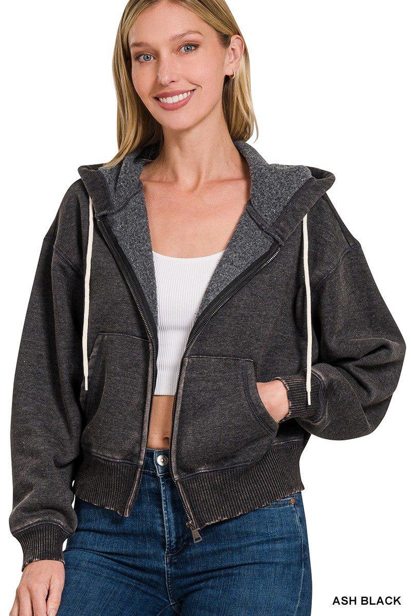 Ash Black Acid Wash Zip-up Hoodie
