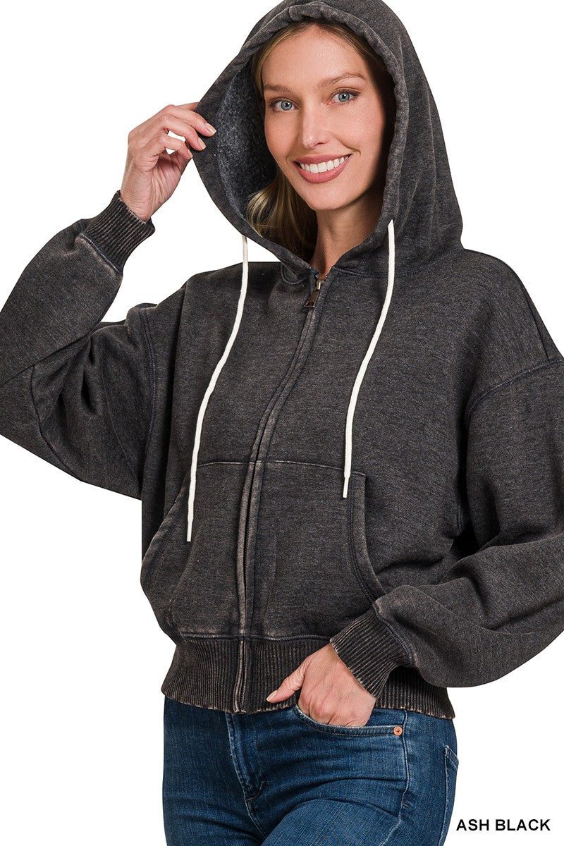 Ash Black Acid Wash Zip-up Hoodie