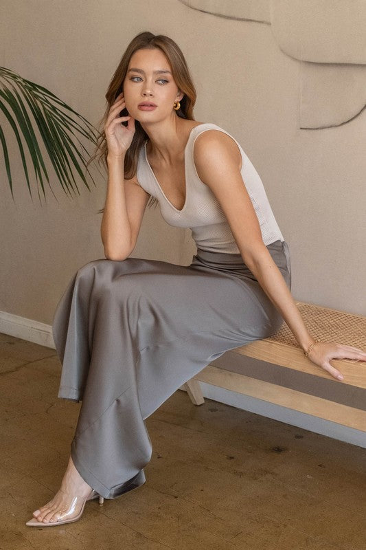 V Neck Ribbed Tank Top - Oatmeal