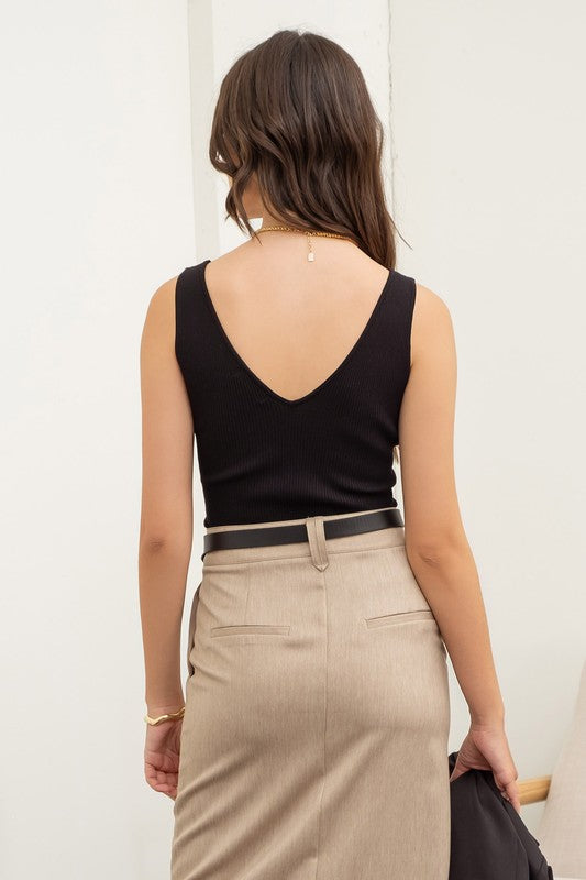 V Neck Ribbed Tank Top - Black
