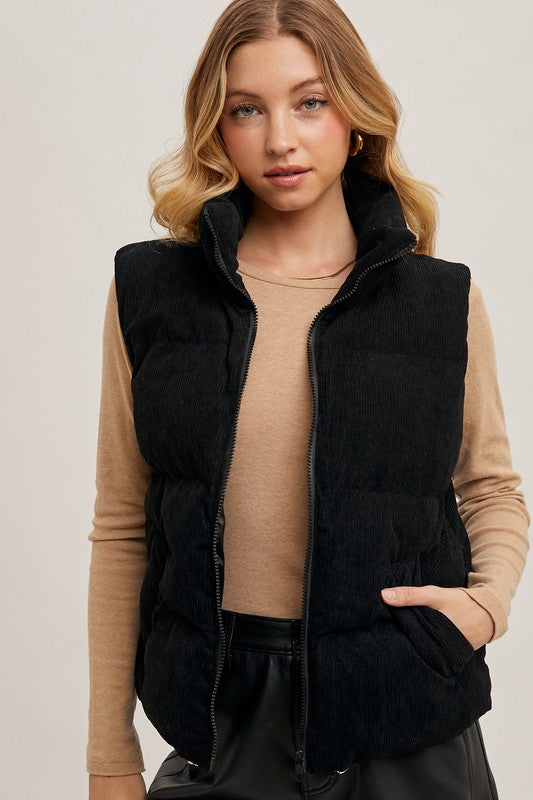 CORDUROY PUFFER VEST - Black