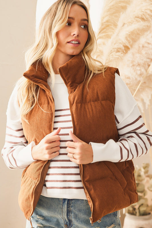 CORDUROY PUFFER VEST - Camel