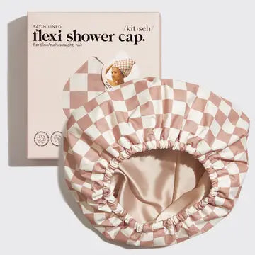 Kitsch Satin Lined Shower Cap - Terracotta Checker
