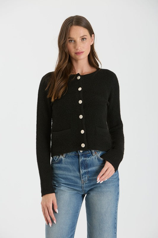 GOLD BUTTON KNIT CARDIGAN - Black