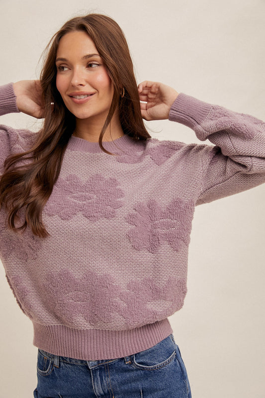 Floral Crew Neck Sweater - Lavendar
