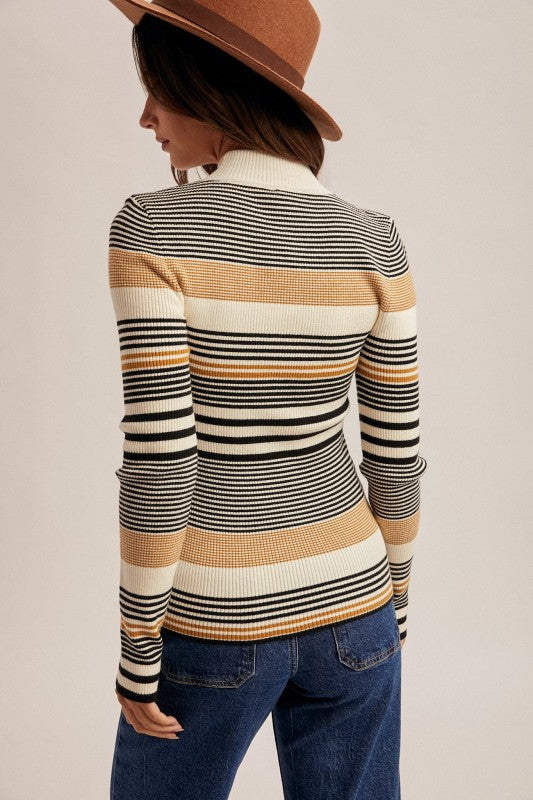 Stripe Mock Neck Rib Sweater