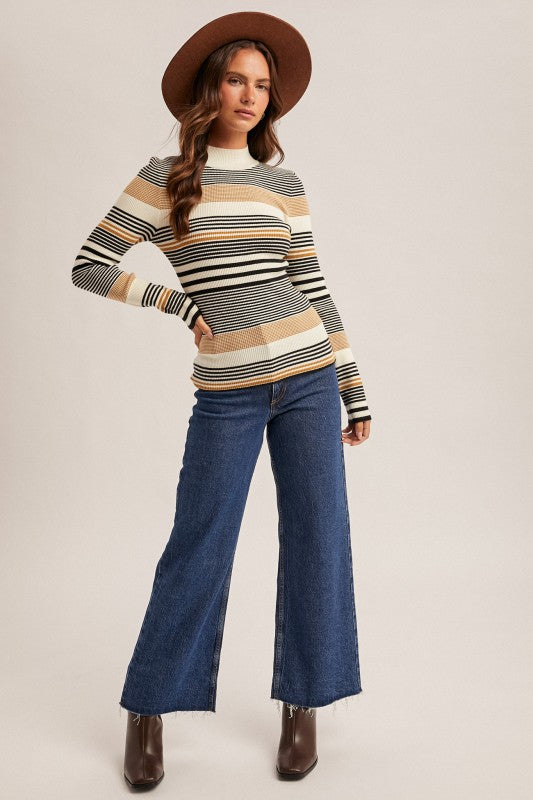 Stripe Mock Neck Rib Sweater