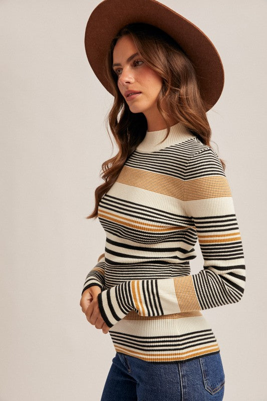 Stripe Mock Neck Rib Sweater