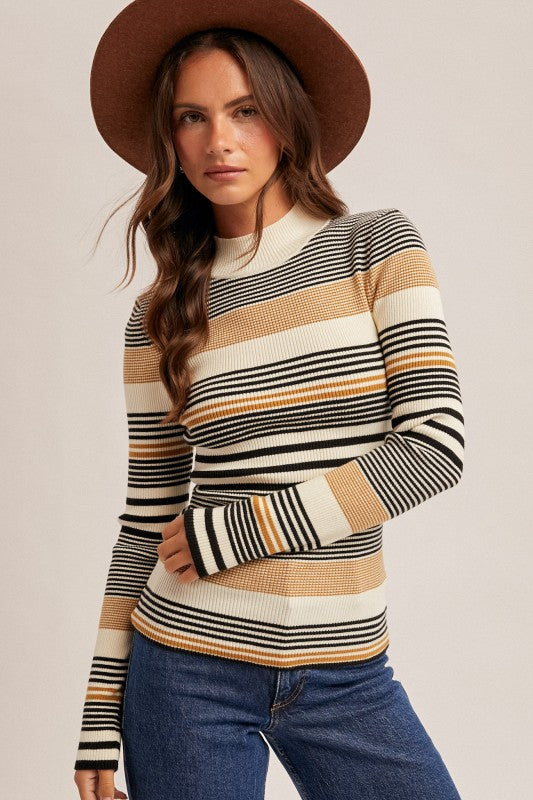 Stripe Mock Neck Rib Sweater