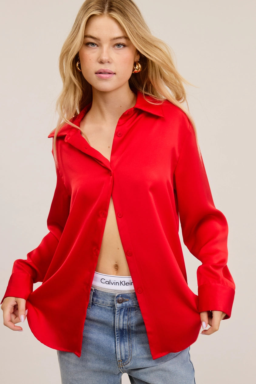 Satin Button-Down Blouse-Red