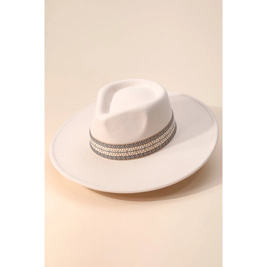 Flat Brim Boho Band Fedora Hat - Ivory