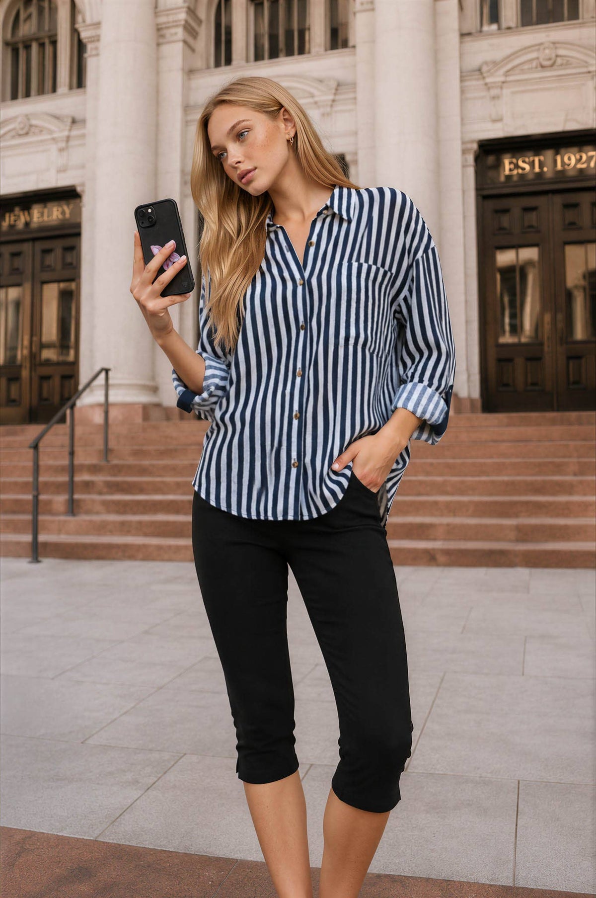 Navy Vertical Striped Button Down