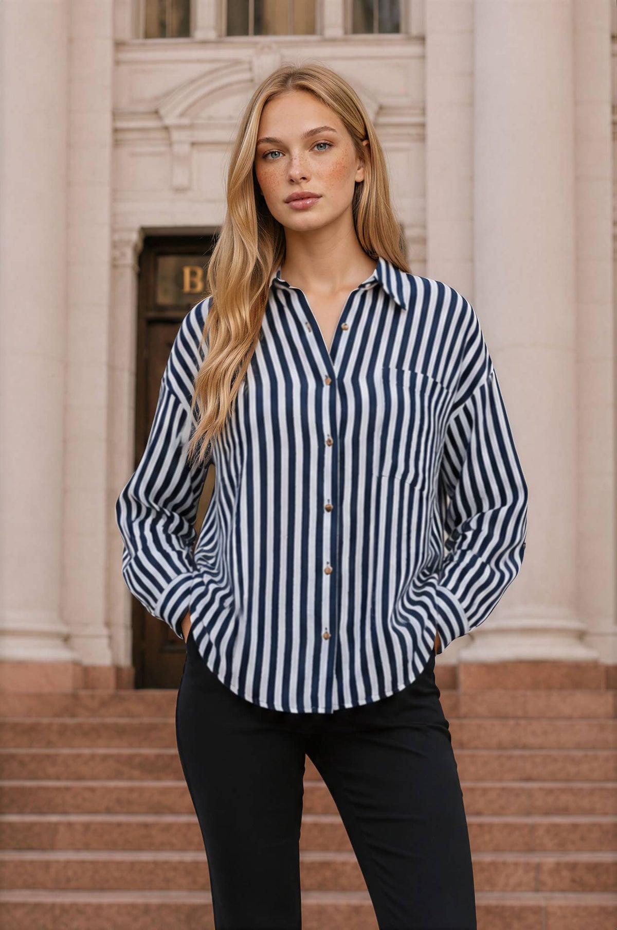 Navy Vertical Striped Button Down