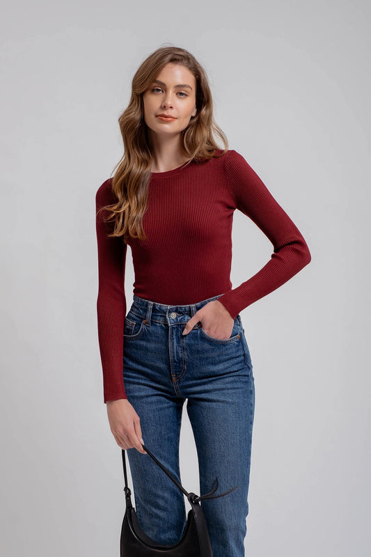 Crewneck Sweater Knit Pullover - Oxblood