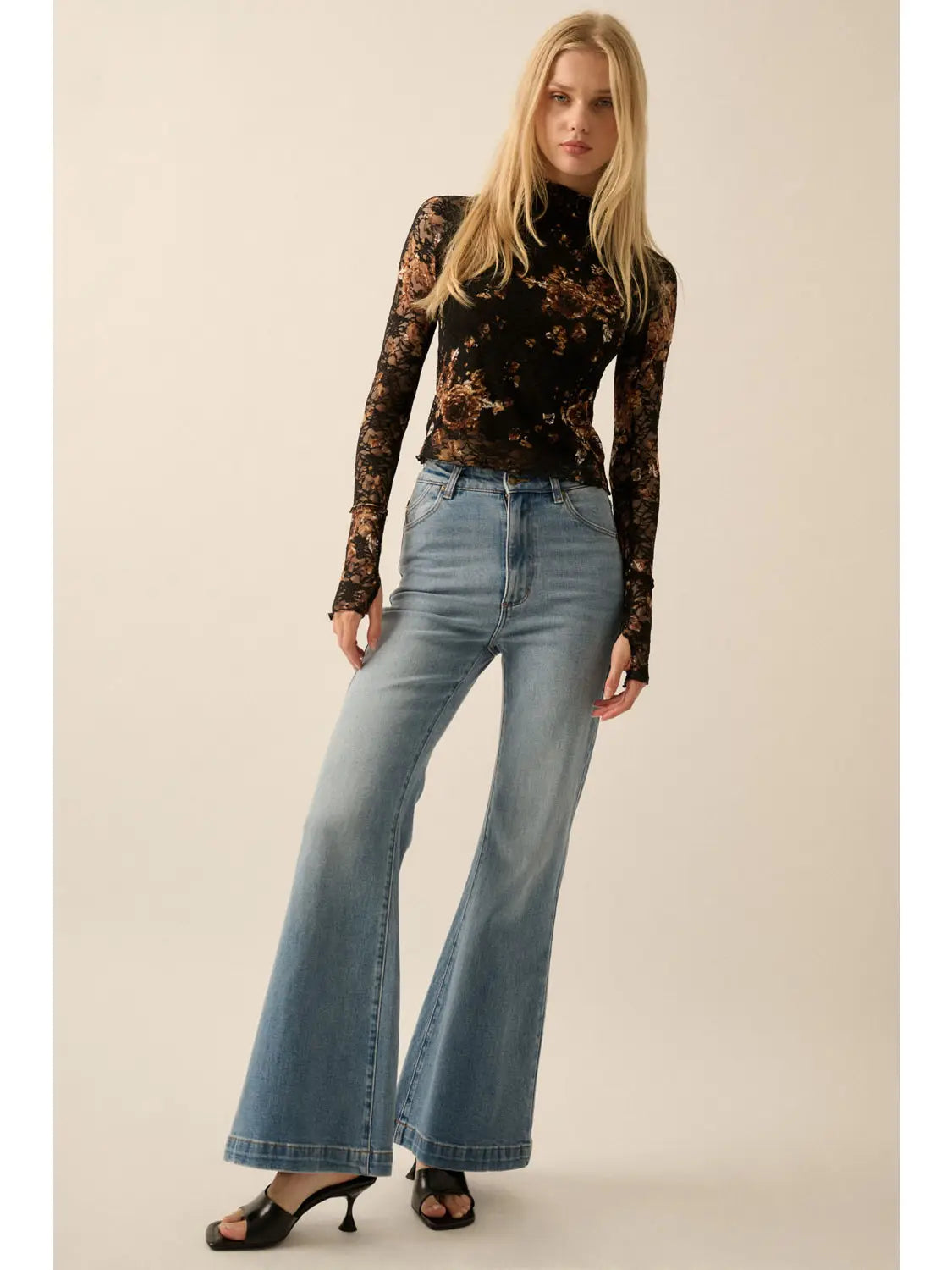 Black Floral Lace Long-Sleeve Top