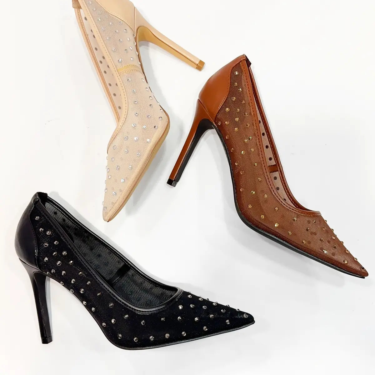 Rhinestone Pointed Mesh Heel - Black