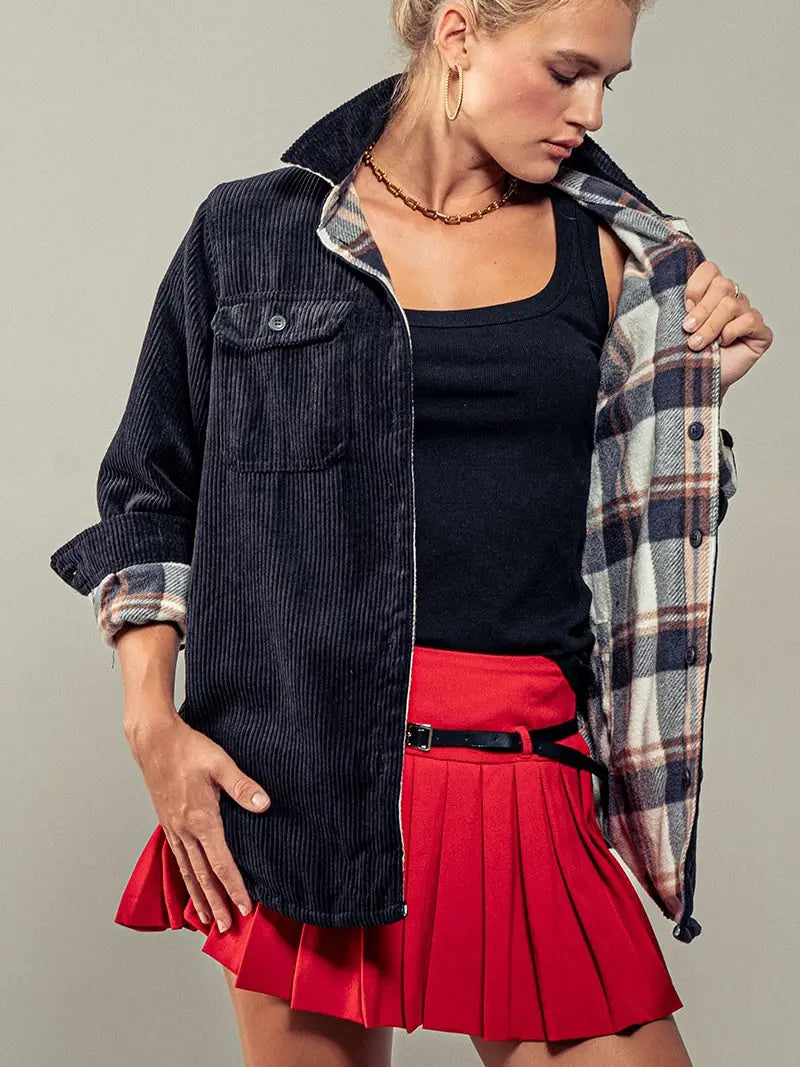 Plaid Lined Corduroy Flannel Shacket