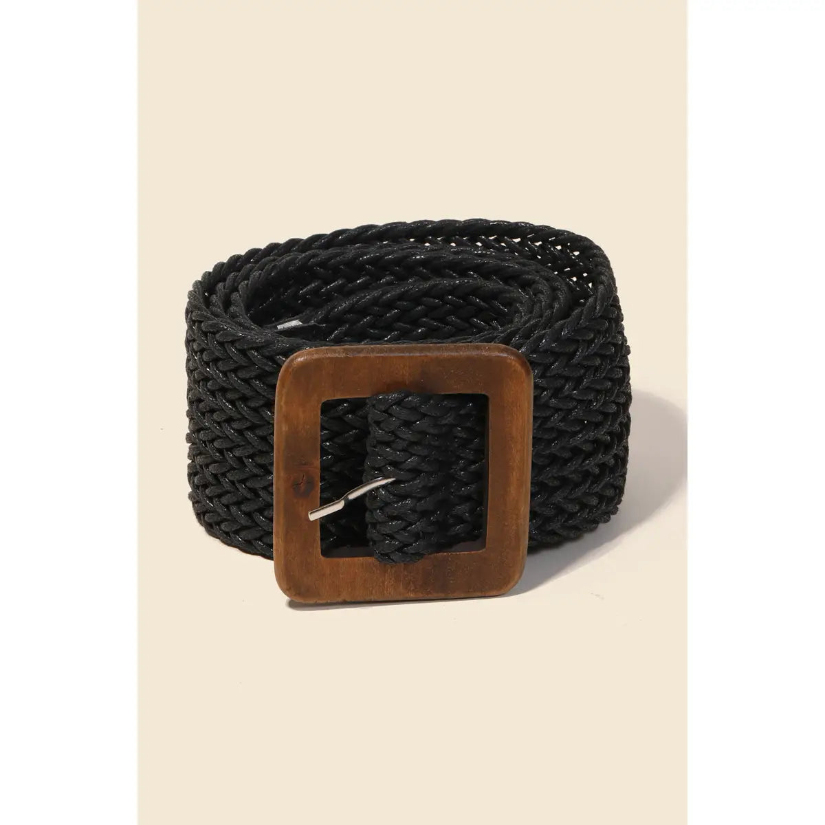 Wooden Square Buckle Braided Belt - Black