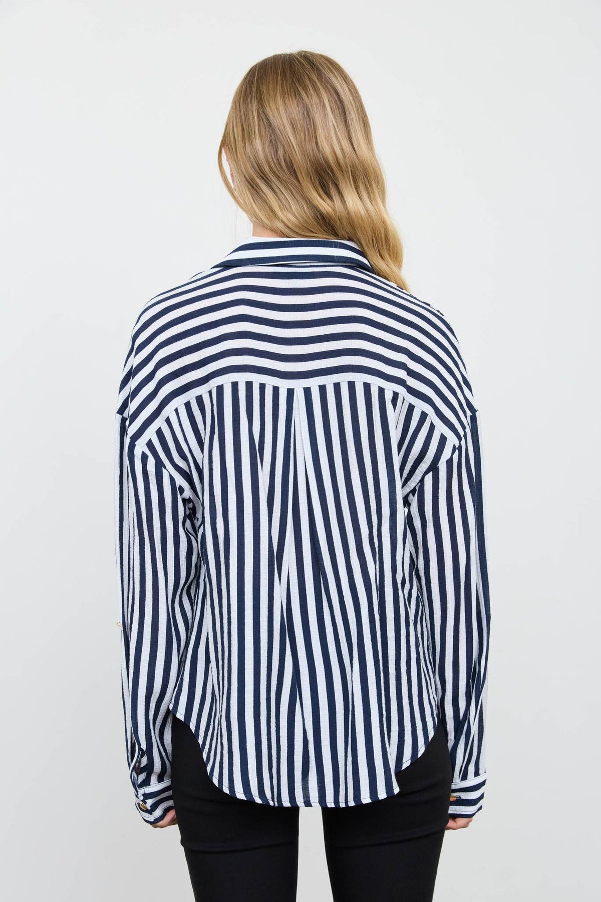 Navy Vertical Striped Button Down