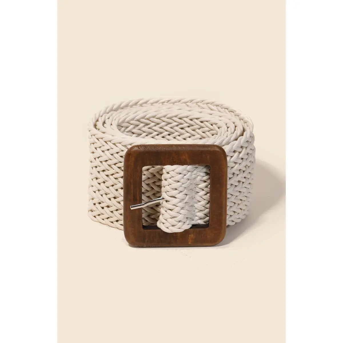 Wooden Square Buckle Braided Belt - Ivory