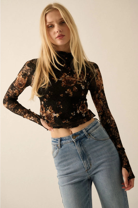 Black Floral Lace Long-Sleeve Top